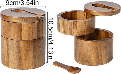 Salt Cellar with Lid | Pepper Container with Magnetic Swivel Lid,2-Layers Wooden Cellar Bowl with Spoon for Storage Pepper Coffee Sugar Pickling Kitchen Countertop Dining Table