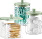 3 Pack Glass Qtip Holder Dispenser- 10 oz Clear Canister Apothecary Jar, Bathroom Vanity Storage Organizer Set for Cotton Swabs, Pads, Floss Picks, Small Containers for Makeup Storage (Green)