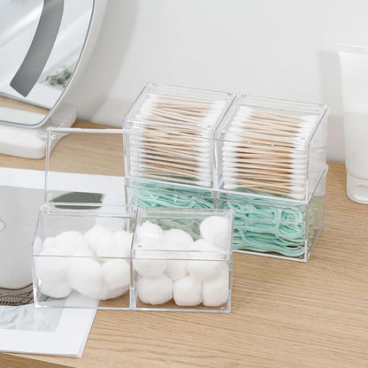 2 Pack Bathroom Container with Divider, Plastic Vanity Storage Canister Jars with Lid for Cotton Balls, Makeup Pads, Cosmetics Sponges, Floss Picks, Clear Desk Drawer Organizer Box
