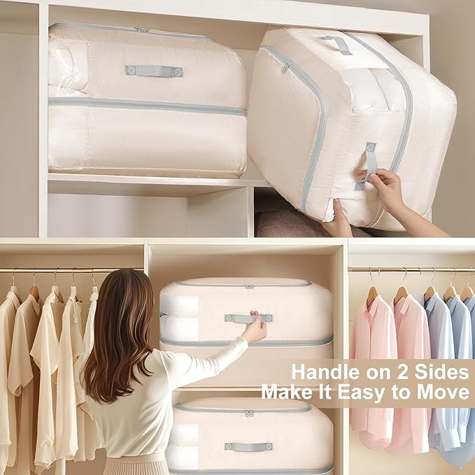 Comforter Storage Bag - 110L Large Capacity Blanket Storage Bags 2-Layer Ultra Space Saving Self Compression Organizer, Washable Compression Bags for Storage Comforter Blanket, 1-Pack, Beige