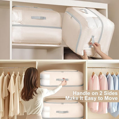 Comforter Storage Bag - 110L Large Capacity Blanket Storage Bags 2-Layer Ultra Space Saving Self Compression Organizer, Washable Compression Bags for Storage Comforter Blanket, 6-Pack, Beige