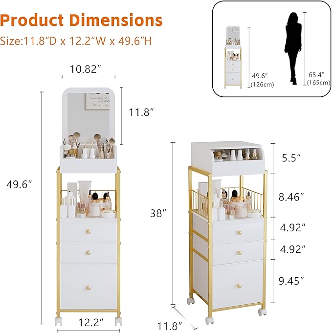 Makeup Cart Organizer with Mirror, Floor Makeup Organizer Large- Make Up Organizers Vanity Cart Cosmetic Display Cases Holder for Skin Care Perfume Nail Polish Brush Hair Tool (Gold)