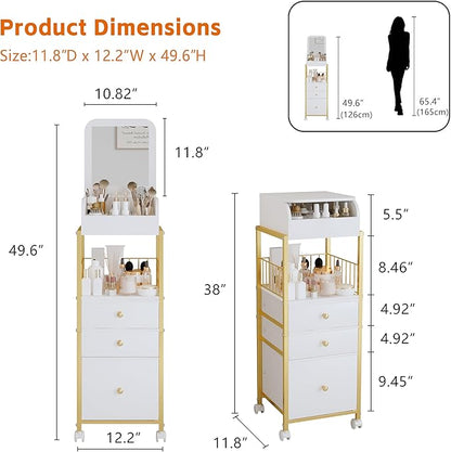 Makeup Cart Organizer with Mirror, Floor Makeup Organizer Large- Make Up Organizers Vanity Cart Cosmetic Display Cases Holder for Skin Care Perfume Nail Polish Brush Hair Tool (Gold)