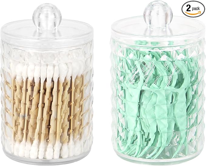 DAPOWER 2 Pack Qtip Holder Bathroom Storage Canister for Cotton Ball Cotton Swab Pads Floss, Small Plastic Jars with Lids (Clear, 2 Pack)