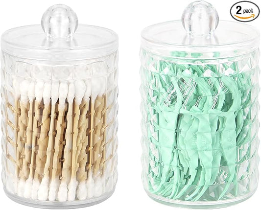 DAPOWER 2 Pack Qtip Holder Bathroom Storage Canister for Cotton Ball Cotton Swab Pads Floss, Small Plastic Jars with Lids (Clear, 2 Pack)