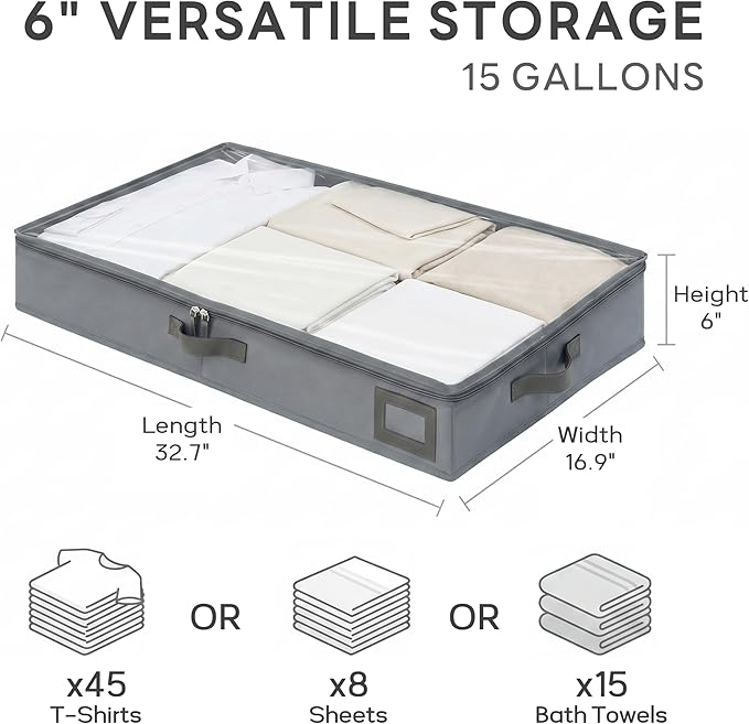 6-Inch Under Bed Storage Containers (2-Pack) | Sturdy Sidewalls | Clear Cover & Label Holder | Foldable Fabric Closet Bin Organizer | Stores Clothing/Blankets/Sweaters/Sheets