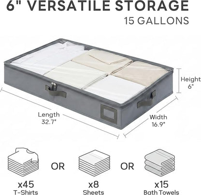 6-Inch Under Bed Storage Containers (2-Pack) | Sturdy Sidewalls | Clear Cover & Label Holder | Foldable Fabric Closet Bin Organizer | Stores Clothing/Blankets/Sweaters/Sheets