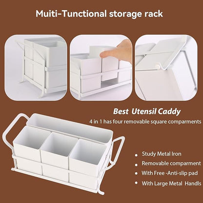 Silverware Caddy Metal Utensil Holder for Party Countertop Silverware Utensil Caddy Cutlery Flatware Organizer for Spoons Forks Plates Napkins White