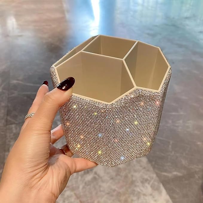 Bling Design Makeup Brush Holder Organizer,360° Rotating Glitter Rhinestones Cosmetics Storage with 5 Slot Large Capacity Makeup Brushes Cup Pen Holder for Vanity,Bathroom Countertops