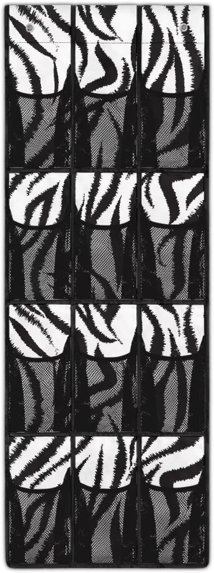 Zebra Print Over the Door Shoe Organizer Foldable Hanging Shoe Organizer with 12 Large Pockets Sturdy Oxford Storage Holder for Dorm Room