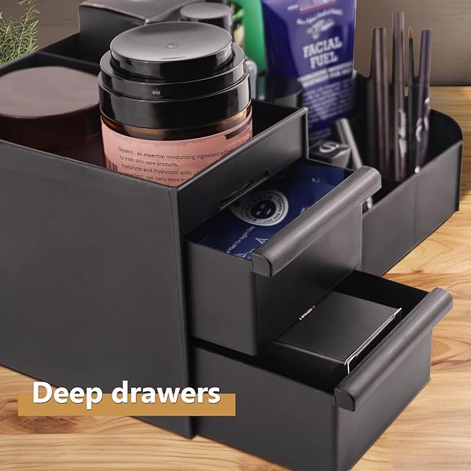 Black Vanity Organizer with Drawers – Large Mens Countertop Storage Box for Cologne, Skincare, Makeup, Perfume – Waterproof Dresser Organizer for Bathroom, Bedroom, Desk