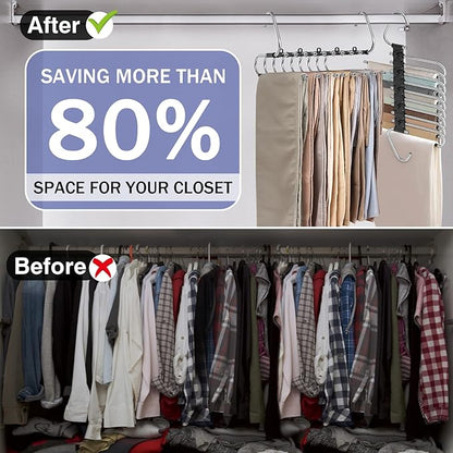 Upgrade 9 Layers Pant Hangers Space Saving, Non Slip Stainless Steel Multifunctional Pants Rack S-Type Clothes Pant Closet Hanger Organizer with Hooks for Pants Jeans Trousers Scarf (4 Pack, Black)