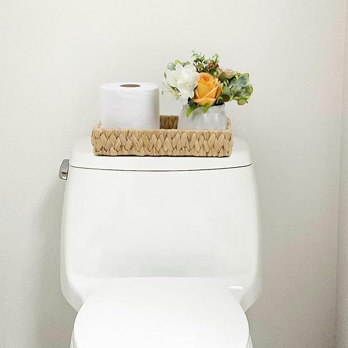 Bathroom Tray, 11 Inch Water Hyacinth Vanity Tray with Handle, Small Wicker Basket for Bathroom Toilet Tank Countertop, Wicker Bathroom Trays for Counter Decor