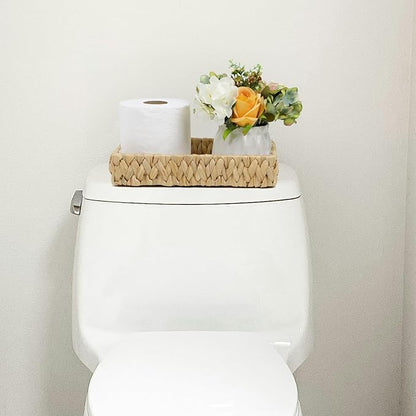 Bathroom Tray, 11 Inch Water Hyacinth Vanity Tray with Handle, Small Wicker Basket for Bathroom Toilet Tank Countertop, Wicker Bathroom Trays for Counter Decor