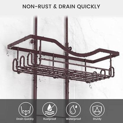 REINHARDT Shower Caddy Hanging Adjustable, Extended Length Rustproof Showers Caddy Over Showerhead with Hooks Soap Holder, Large Capacity Shower Organizer Anti-Swing Bathroom Organizer, Bronze