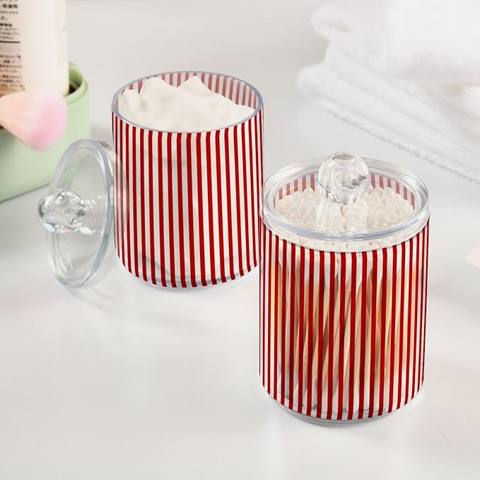 2 Pack Apothecary Jars Red White Stripes Qtip Holder Organizer Clear Airtight Container for Cotton Swabs Food Storage 14oz Plastic Jars with Lids