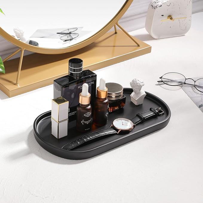 Luxspire Bathroom Vanity Tray for Countertop, Oval Kitchen Soap Dispenser and Toiler Tank Trays, 11.4“ Resin Vanity Organizer for Lotion Bottles, Perfume, Jewelry, Dresser, Medium, Matte Black
