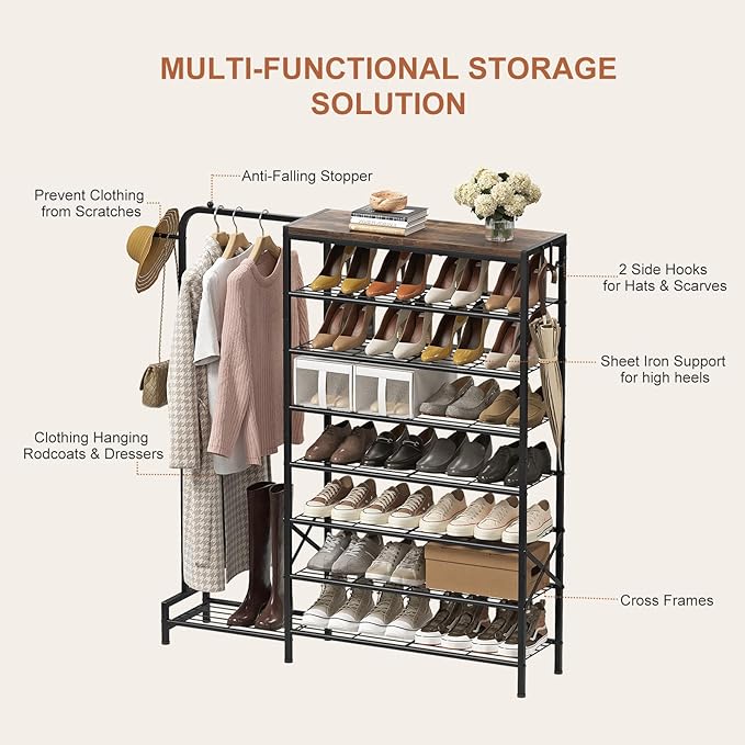 Shoe Rack with Coat Rack, 8 Tier Tall Shoe Storage Organizer with Hooks, 3-in-1, Wooden Top Shelf, Sturdy Frame, Metal Clothes Hanger Stand for Entryway, Closet, Rustic Brown and Black