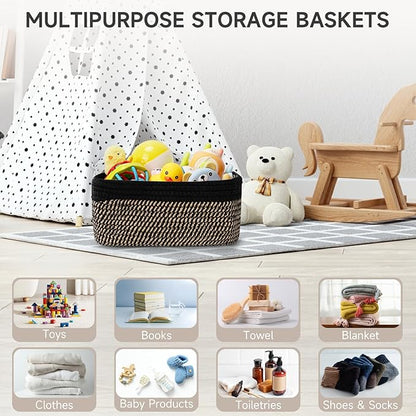 3-Pack Shelf Baskets for Organizing, Closet Organizer Bins, Small Woven Baskets, Rope Toy Basket, Storage Basket for Shelves, Cube Decorative Box, 11.8×7.8×5.1”, Black Brown