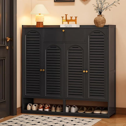Shoe Storage Cabinet with Shutter Doors, 7 Tier Bamboo Shoe Cabinet Sneakers Shoe Rack Shelf for 36-40 Pairs, Shoe Organizer with Thickened Adjustable Shelves for Entryway, Hallway