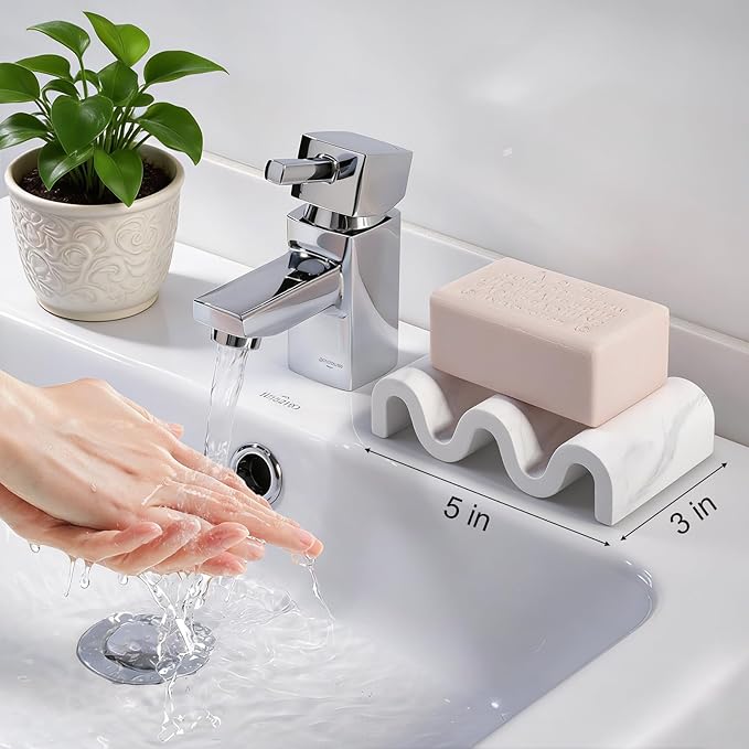 Diatomite Soap Dish Quick Drying Bar Soap Holder Draining Soap Saver Rack Wave Pattern Sponge Tray for Bathroom Sink, Shower, Kitchen, Marble White