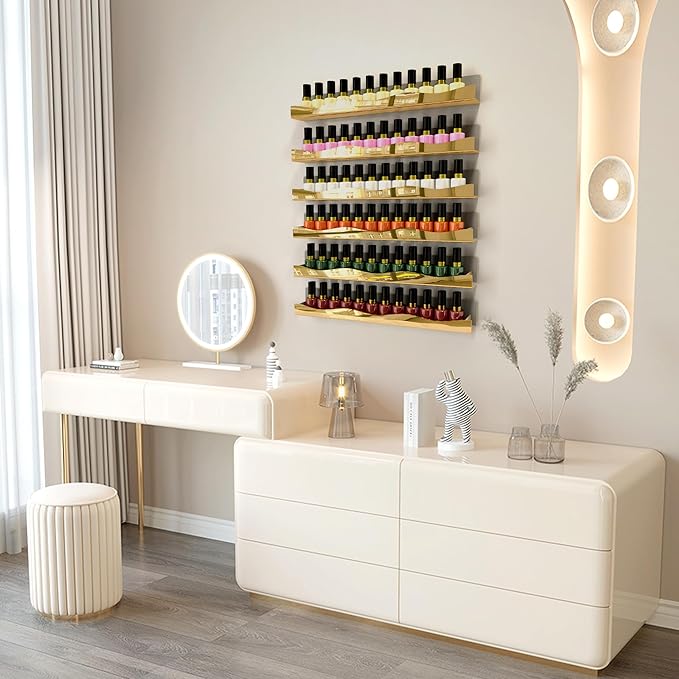 YMVV Wall-Mounted Nail Polish Shelves, 5-Inch Gold Mirror Finish Nail Polish Organizer Rack, Makeup Sunglasses Essential Oil Storage Display Rack 6 Pack