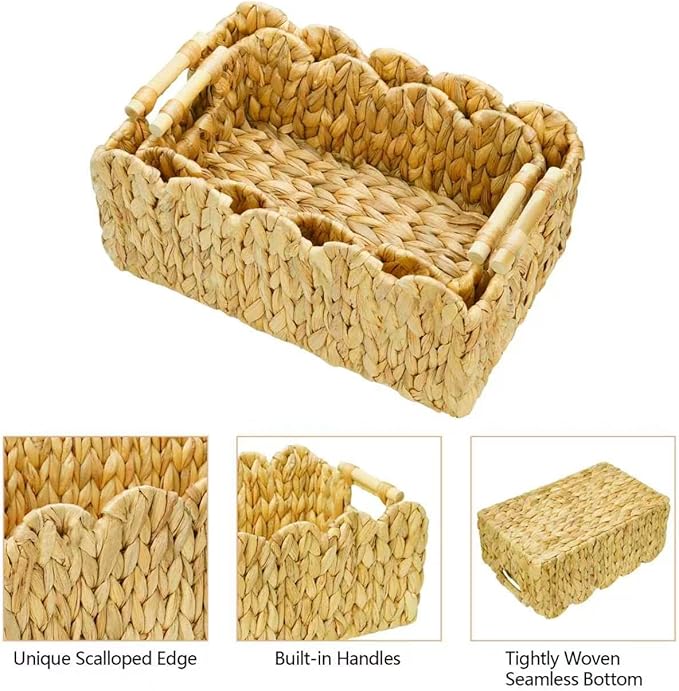 2Pack Scalloped Edge Wicker Basket,Hand-Woven Rattan Baskets with Wooden Handles,Natural Water Hyacinth Basket for Laundry,Shelves,Decorative Basket