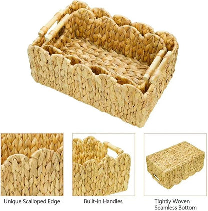 2Pack Scalloped Edge Wicker Basket,Hand-Woven Rattan Baskets with Wooden Handles,Natural Water Hyacinth Basket for Laundry,Shelves,Decorative Basket