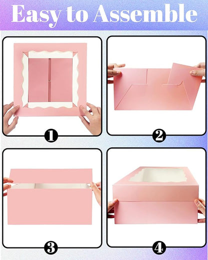 qiqee Pink 10x10x8 Cake Box, 4 Sets Cake Box with Window ＆ 4 Sets 10" Cake Round Boards, 10inch Cake Containers, 10 Meters Pink Silk Ribbon Includes