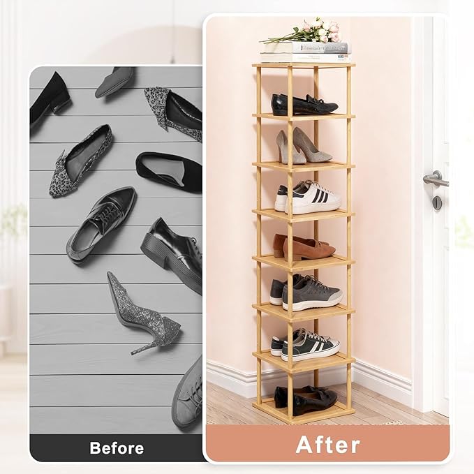 Aniston 8 Tier Bamboo Shoe Rack, Free Standing Slim Narrow Shoe Storage, Vertical Tall Shoe Shelf Organiser for Garage, Closet, Doorway, Corner, Living Room Small Spaces