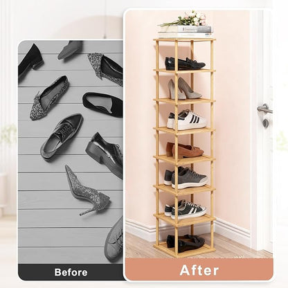 Aniston 8 Tier Bamboo Shoe Rack, Free Standing Slim Narrow Shoe Storage, Vertical Tall Shoe Shelf Organiser for Garage, Closet, Doorway, Corner, Living Room Small Spaces