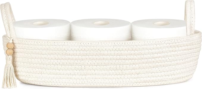 Mkono Small Storage Basket for Toilet Tank Top Boho Bathroom Decor Woven Rope Toilet Paper Tray Organizer for Shelf Bedroom Living Room, White, 1 Pack, 15.7" L x 6" W