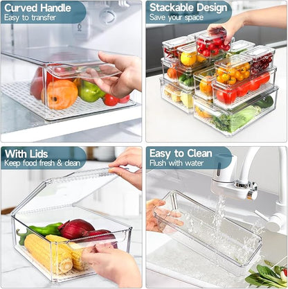 14 Pack Fridge Organizers and Storage - Refrigerator Organizer Bins with Lids, BPA-Free Fridge Organization, Fruit Storage Containers for Fridge, Vegetable, Food, Drinks, Cereals, Clear