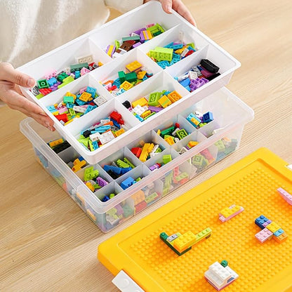 Building Block Organizer Bin, Plastic Double Layer Brick Storage Box with Building Baseplate, Stackable Art Crafts Container with Removable Divided Tray for Home, Office