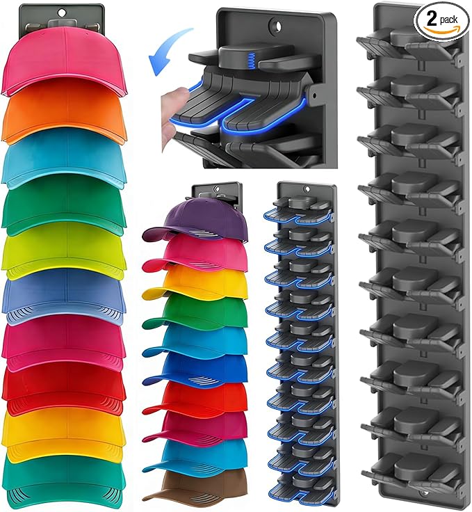 Hat Organizer for Baseball Caps with Built Spring Clips 2 Packs - Wall Mount Closet Hat Rack Holder, Storage for Wall Door/Closet Display Hat Racks Hanger (Strong Adhesive & Screws)