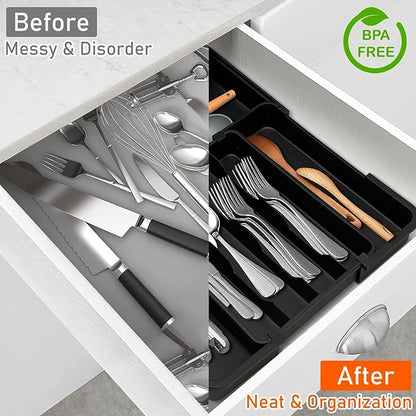 Silverware Organizer Expandable Utensil Drawer Organizer Adjustable Drawer Organizer, Flatware Cutlery Silverware Tray for Spoons Forks Knives Kitchen Organizers Storage (Black)