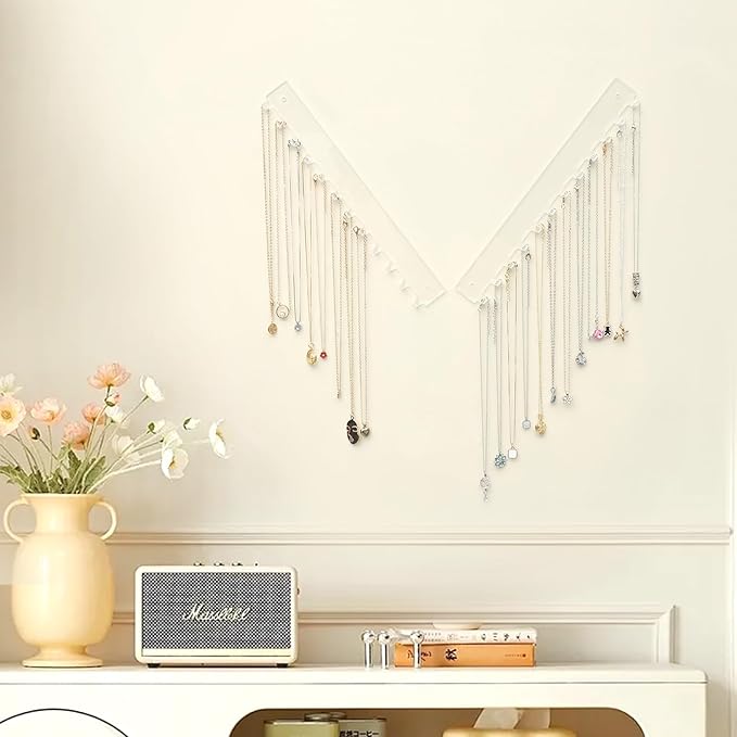 Acrylic Necklace Holder 4 Pack Wall Mounted Necklace Organizer Hanging Jewelry Organizer with 12 Hooks for Necklaces, Bracelets, Rings and Bangles Display