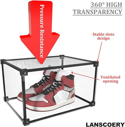 LANSCOERY Shoe Storage Box Stackable Shoe Organizer, Clear Acrylic Foldable Shoe Storage Containers Display Case with Magnetic Side Opening Door for Sneakers, Booties, Pumps, Flats, Heels, Set of 1
