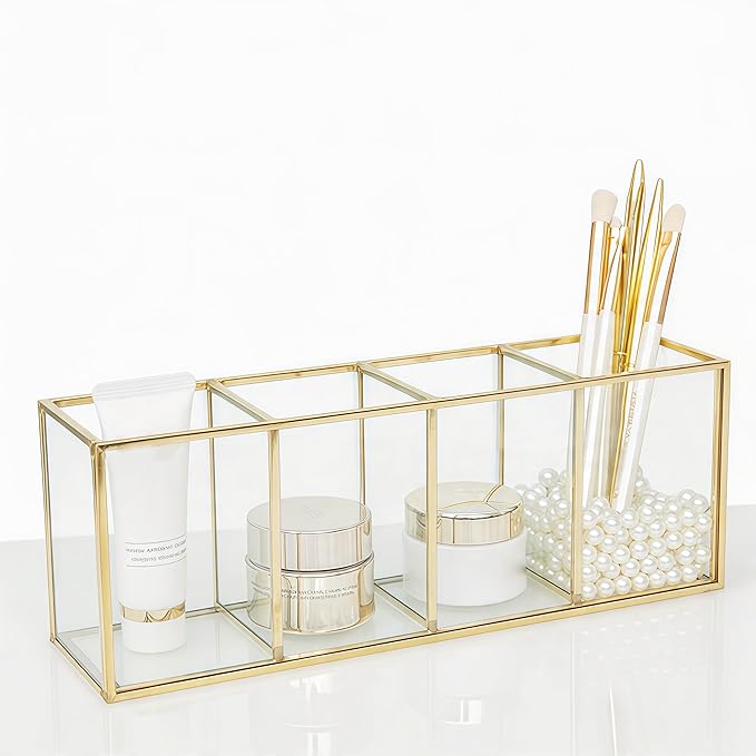 JIARI Gold 4-Compartment Desktop Organizer, Transparent Glass Makeup Brush Holder, 10.23x3.54x2.75 Inches Storage for Home Office and School Items (Gold-4 Slot)