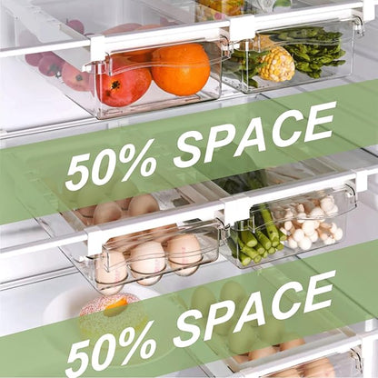 Yatmung 2 Pack Fridge Drawer Organizer - Egg Holder For Refrigerator Pull Out - Transparent Deli Drawer Organization Bin - Meat, Cheese - Sliding Storage Containers for Fridge Shelf Under 1.1"