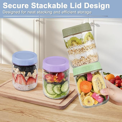 Overnight Oats Containers with Lids, 16oz Wide Mouth Mason Jars with Lids, 3 Pack Glass Jars with Airtight lid for Chia Pudding Yogurt Salad, Meal Prer Oatmeal Jars