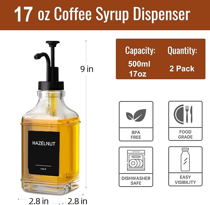 AXIM Coffee Syrup Pump Dispenser,500ml/17oz Glass Syrup Bottle with Pump and Labels, Syrup Bottles for Coffee Bar Station Organizer