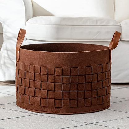 BOLDMONKEY Laundry Basket 20" x20 " x11.8 ", Large Felt Fabric Blanket Basket with Leather Handle, Dirt Clothes Laundry Hamper Round for Babies, Dogs and Living Room-Brown