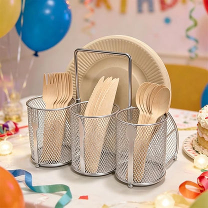 Silverware Organizer Utensil Caddy - 4 Compartment Metal Cutlery Holder Flatware Storage Basket Fork Spoon Napkin Paper Plate Kitchen Countertop Party Picnic Camping Buffet Outdoor (Silver)