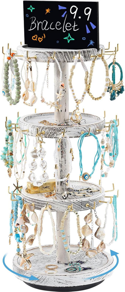 Lolalet 4 Tier Bracelet Holder, Wooden Rotating Bangle Display Stand with 42 Hooks and Tray Base, 360 Degrees Rotatable Rustic Tree Storage for Bracelets Key Chains Small Accessories -White