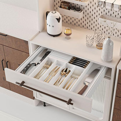 Silverware Drawer Organizer Bamboo Knife Organizer Drawer Insert Expandable Utensil Holder for Kitchen Drawer Flatware Holder W12.8-20.2" x L16 x H2 (White)
