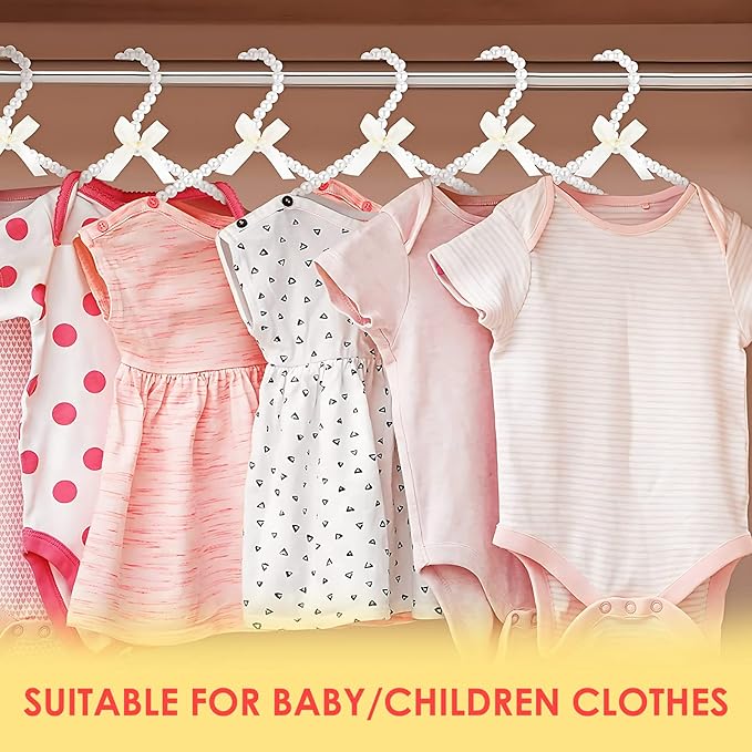 Adorila 5 Pack Pearl Hanger Kids, Small Pearl Beads Bow Clothes Hangers, Elegant Standard Hangers for Children Pet Dog (White)