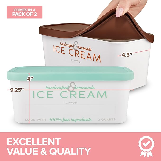 Stock Your Home 64 oz Ice Cream Containers with Airtight Silicone Lids (2-Pack) Homemade Ice Cream Container for Storing Gelato, Sorbet & Frozen Yogurt, Reusable 2 Quart Ice Cream Container with Lids