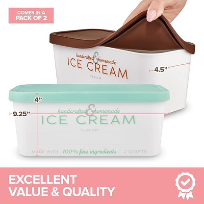Stock Your Home 64 oz Ice Cream Containers with Airtight Silicone Lids (2-Pack) Homemade Ice Cream Container for Storing Gelato, Sorbet & Frozen Yogurt, Reusable 2 Quart Ice Cream Container with Lids