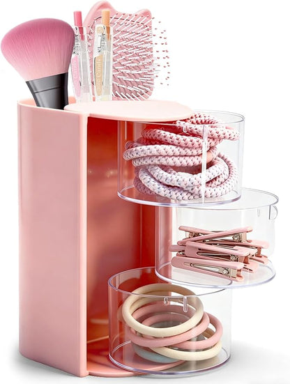 3-Tier Rotating Hair Accessories Organizer with Hair Brush Holder, Makeup Brush Organizer, Hair Tie and Hair Clip Organizer, Jewelry Storage for Girls, Pink